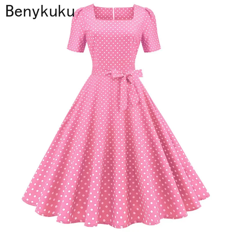 

Polka Dot Vintage Dresses 50s 60s Plus Size Women Summer Elegant Short Sleeve Square Collar A-Line Midi Party Sundress Vestidos