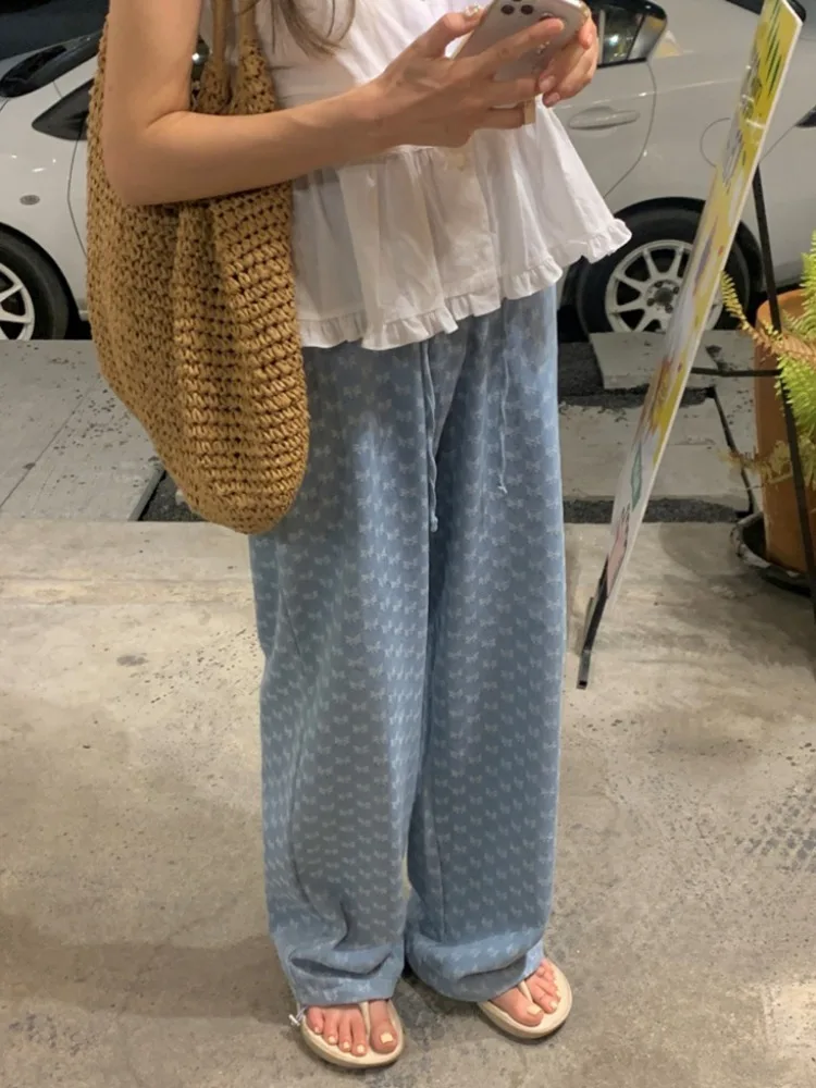 여름 세련된 빈티지 Dstring 나비 매듭 인쇄 캐주얼 바지 넓은 다리 데님 여성의 세련된 다목적 긴 바지