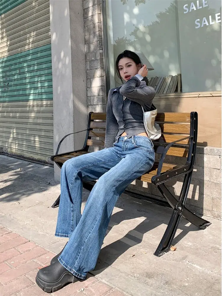 

Deep Blue Women's Jeans Spring Low Waist Wide Leg Loose Fit Versatile Micro Flared Long Trousers Commute Style Spring Fashion