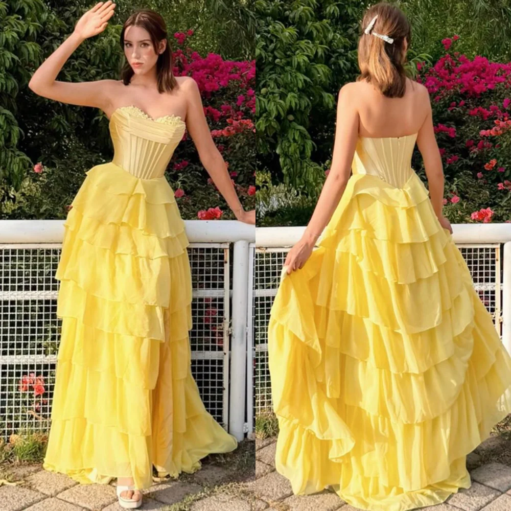

Customized Exquisite Yellow Chiffon Evening Dress Exquisite Sweetheart Sleeveless Homecoming Dresses Luxury Vestido De Festa