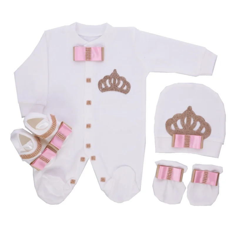 Luxury Lace Trim Rhinestone Crown Baby Footed Romper Newborn 0-9 Months 4Pcs White Baby Pink Satin Bow Royal Jumpsuit Gift
