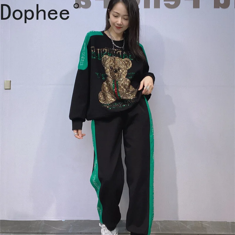 

High Street Новые осенние женские комплекты с капюшоном Diamonds Bear Свободный пуловер с круглым вырезом и длинными рукавами + повседневные шаровары с эластичной резинкой на талии