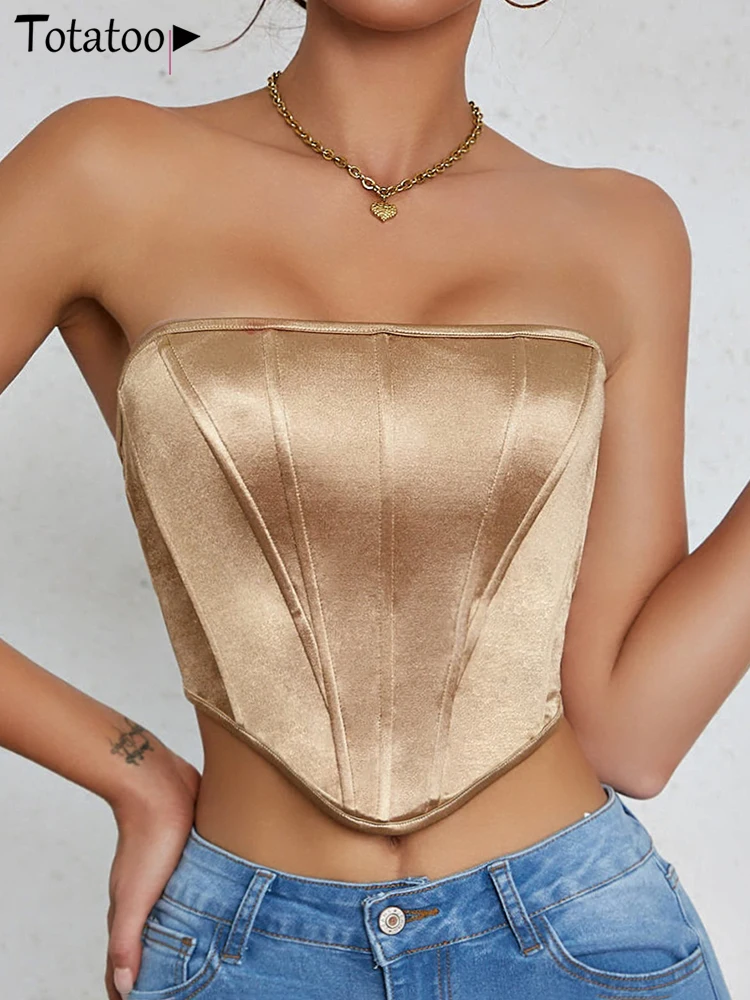 Totatoop Strpless Fish Bones Irregular Crop Tops For Women 2024 Off Shouler Backless Satin Corset Camisole Night Club Party