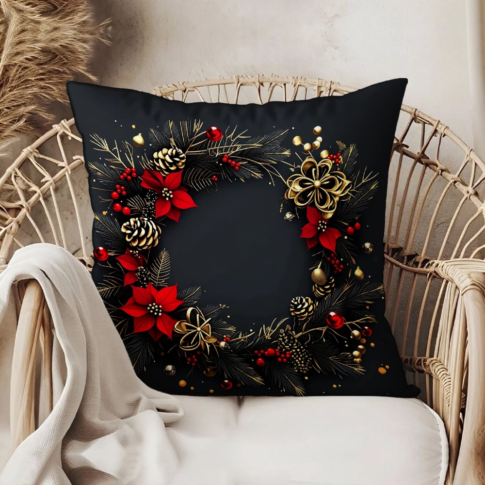 Square Throw Pillow Case Black Christmas Wreath Red Poinsettia Gold Pinecone Berry Floral Pattern For Home Sofa Chair Bedroom Li