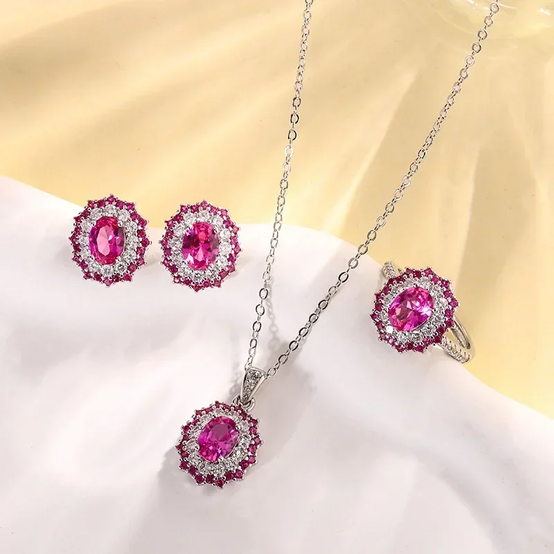 

Luxury Adjustable Ring Earrings Necklace with Stunning Pink Macrame Gemstones Perfect for A Dazzling Look Vintage Women Jewelry