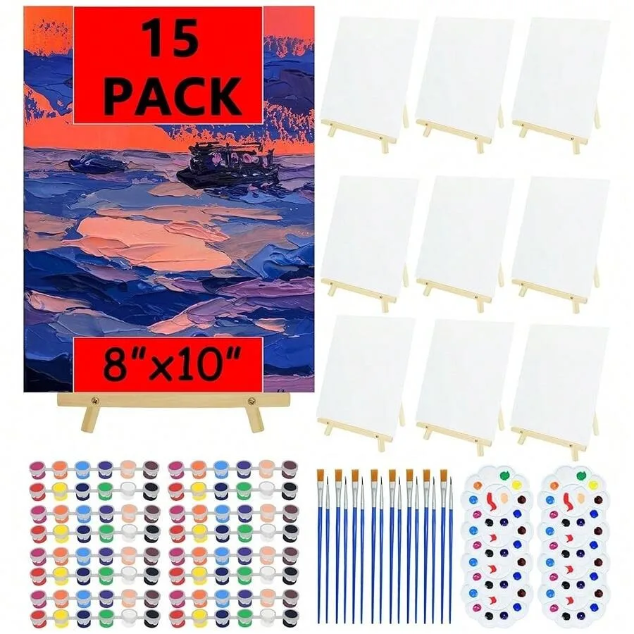 

15 Painting Kits, Sip And Paint Art Kit For Adults, 8x10 Inch Canvas For Painting With 15 Easels, Brushes, Paint Trays, Acrylic