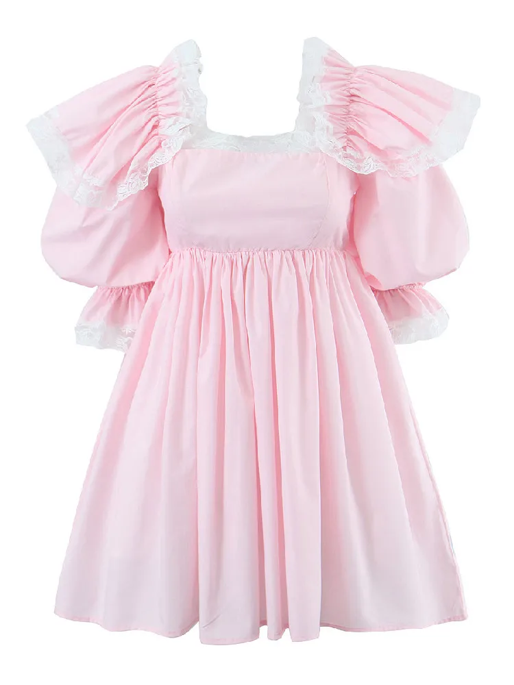 White Princess Ball Gown Dress Splice Lace Ruffles Shoulder Half Puff Sleeve Women Fairy Mini Robe Palace Pink