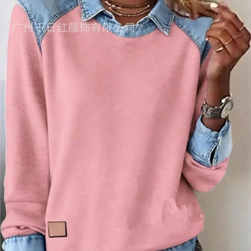 Color Block Knitwear Long Sleeve Denim Collar Top Pure Color Block Design Street Style Trendy Fashionable Women's Autumn Sweater