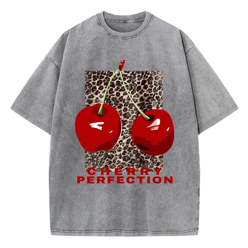 European American Washed Cherry T-shirt Women's Cotton Leopard Print Oversized Retro Black O Neck T Shirt Street Top Women