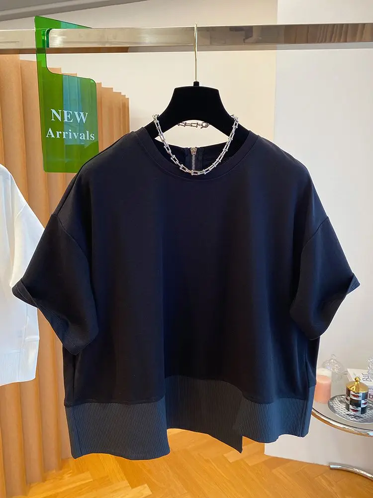 Irregular Patchwork T-shirt Women's Short Sleeved Summer Loose Chic Round Neck Half Sleeved Top Graphic T Shirts Black Tee