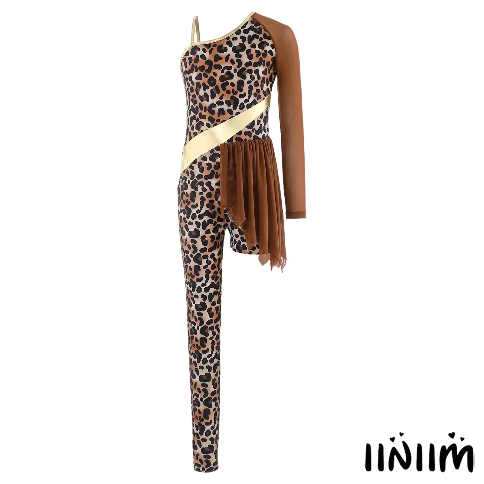

Kids Girls Cave Dance Bodysuit with Leopard Print And Patchwork Asymmetrical Design Gymnastics Jumpsuit for Stage Performance