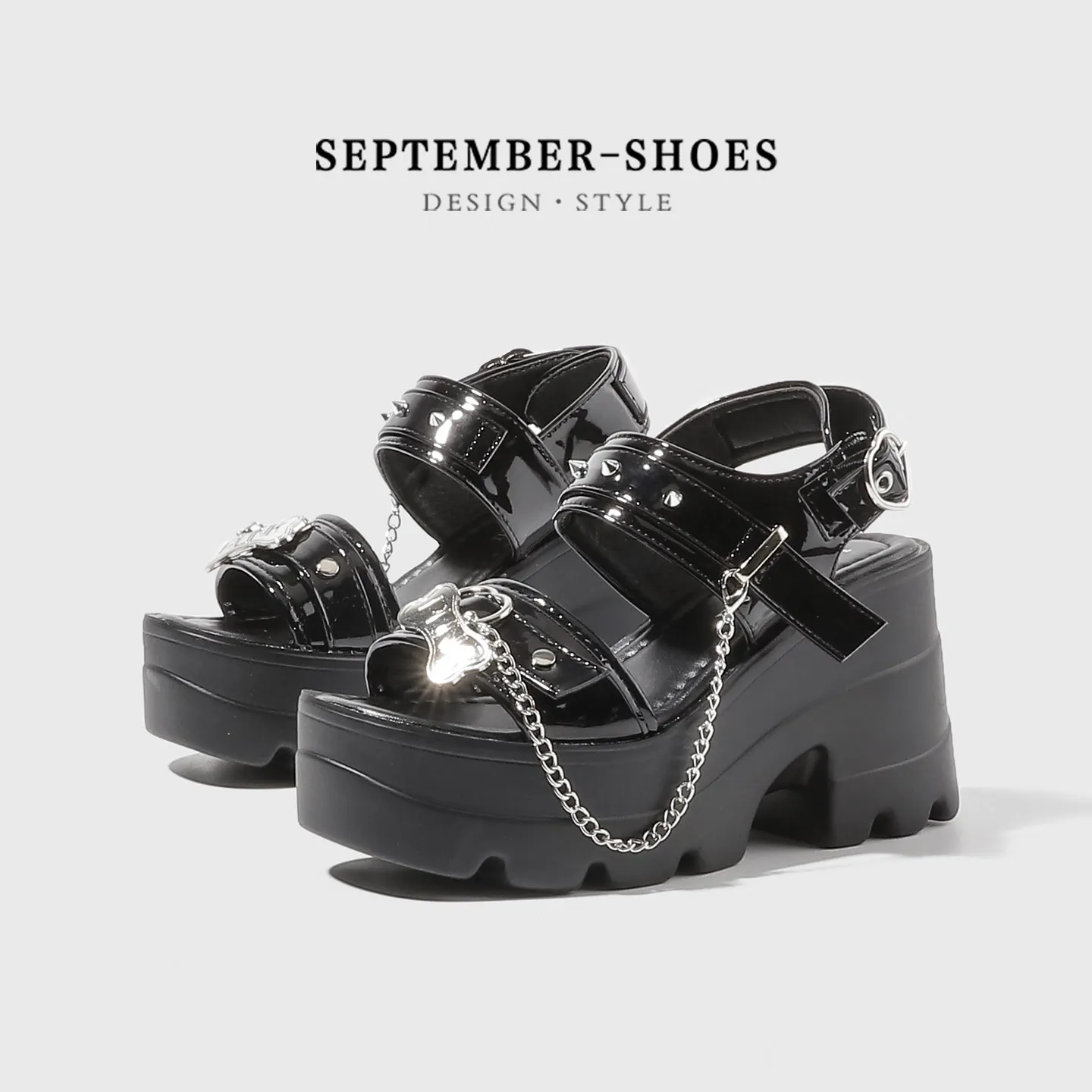 Y2k Gothic Lolita Sandals Women Chain Decor Open Toe Ankle Buckle Strap Chunky Heel Wedge Sandals Alt Aesthetic Punk Roman Shoes
