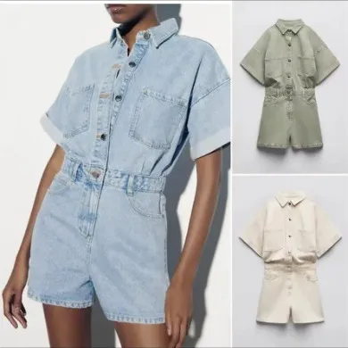 Women's Jumpsuit Denim Turn-down Collar Single Breasted Button Short Sleeve High Waist Shorts Casual Fashion Summer New