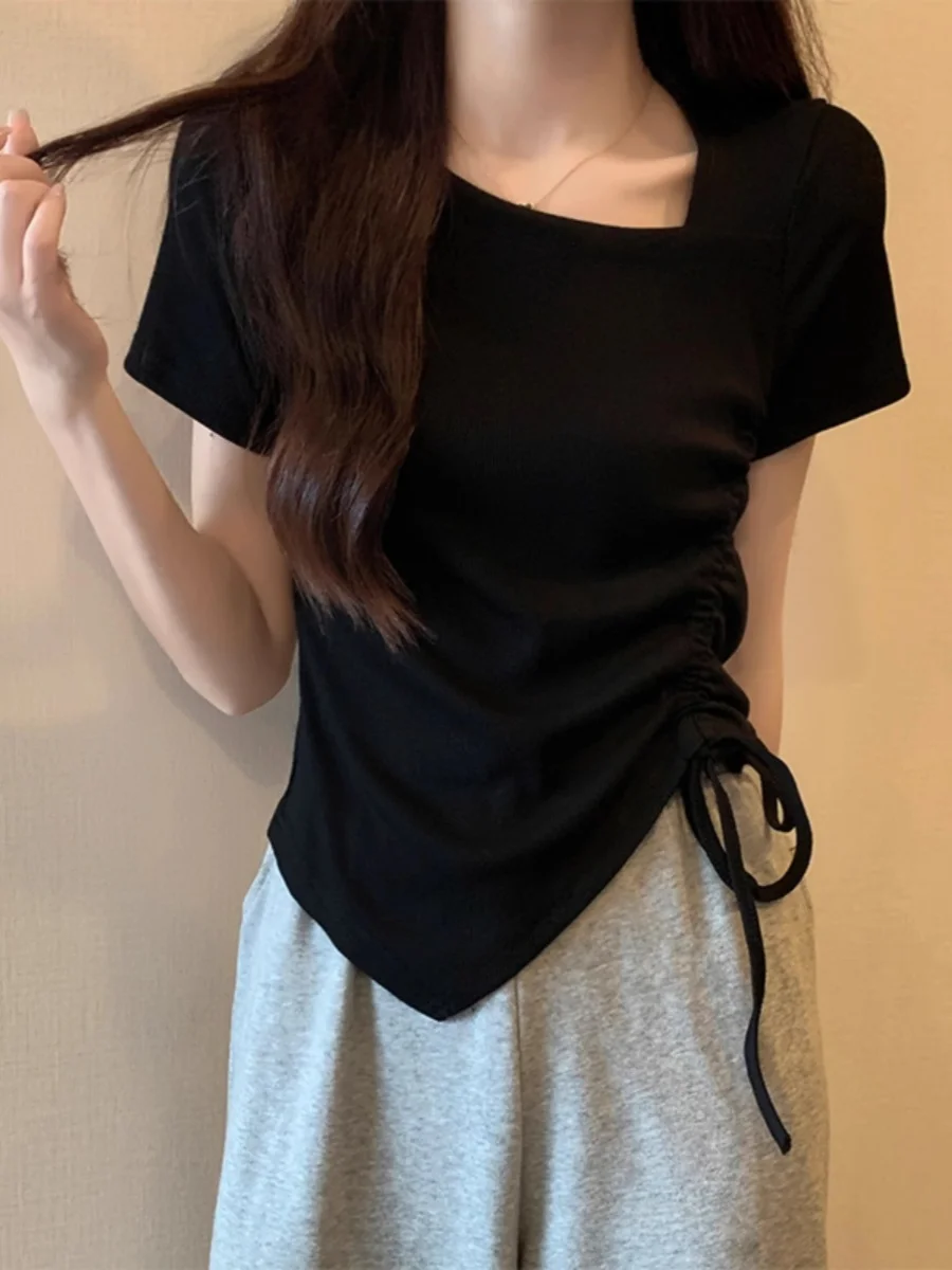 Chic Short Sleeve T-Shirt Women's Summer Drawstring Slimming Belly Cover Korean Style Short Length Asymmetric Design Cotton B...