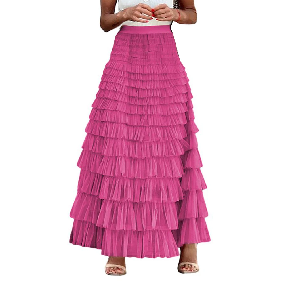 

Summer New Style Elegant Party Skirt Dress Women's High Waist Cascading Ruffle Splice Lace Long Dress Ruffle Mid-calf Skirts