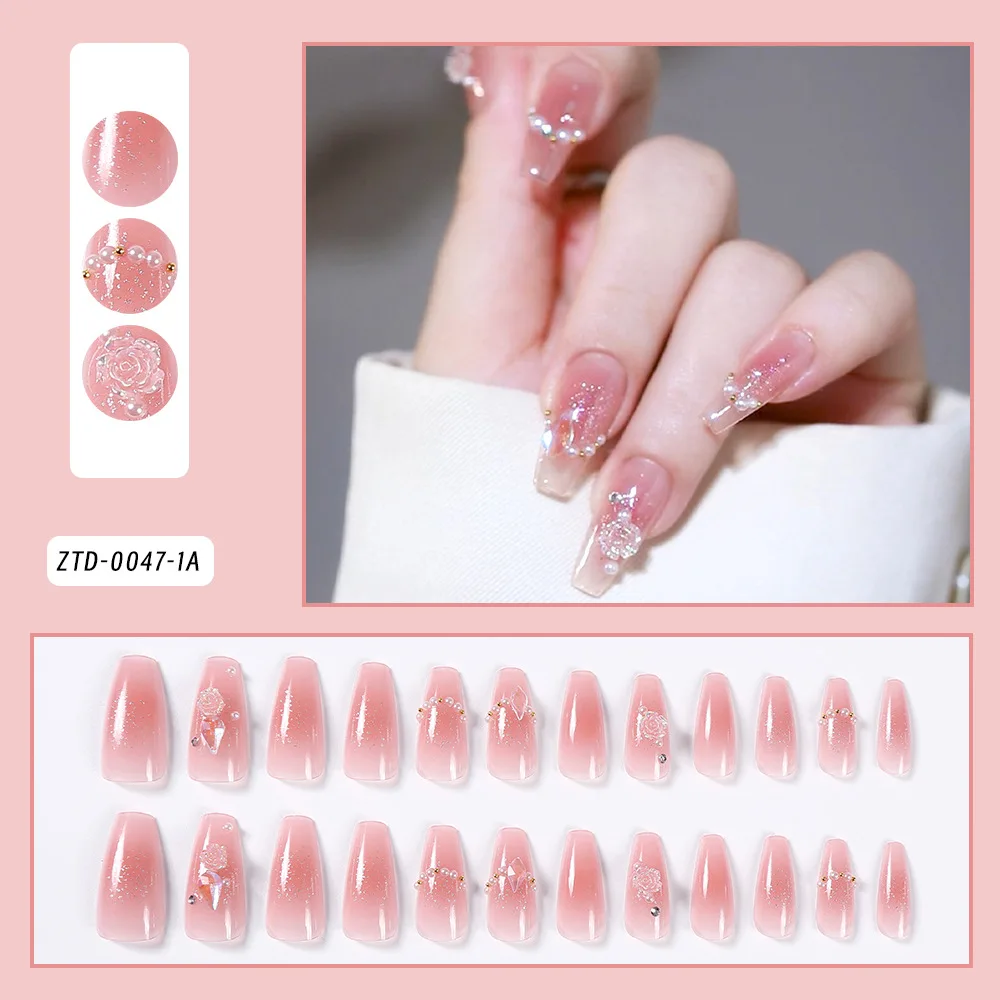 

24PCS Blush Tone Crystal Camellia Press-On Nails – Long Square Shape With 3D Floral & Glitter Droplets Fake Nails Set