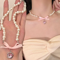 French Romantic Pink Bowknot Heart Pendant Pearl Necklace Jewelry 2025 Trending Women's Sweet Pure Desire Bow Necklaces