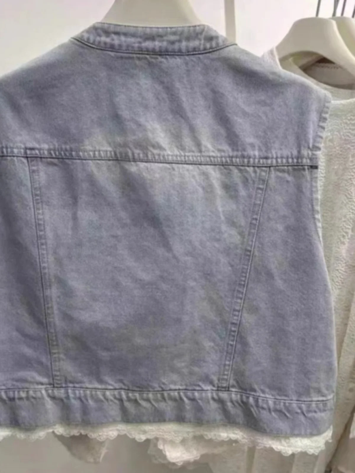 Women's Svel Lace Patchwork Denim Vest Jaet Tag Removed Autumn Design Sense Button round Ne Regular Length Single B...