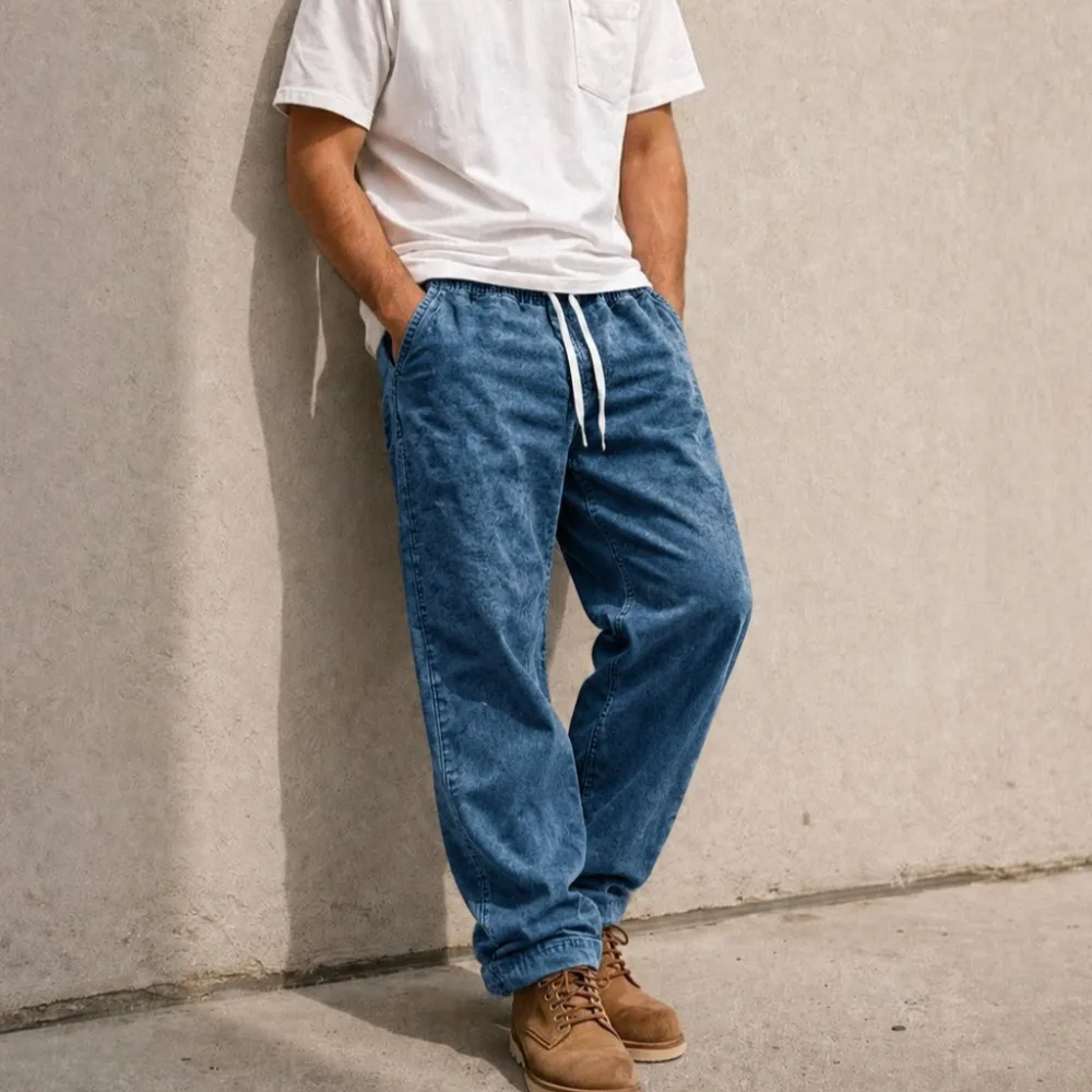Men's 100% Cotton Drawstring Straight Jeans Europe America Streetwear Casual Loose Casual Denim Pants Male Baggy Harem Trousers
