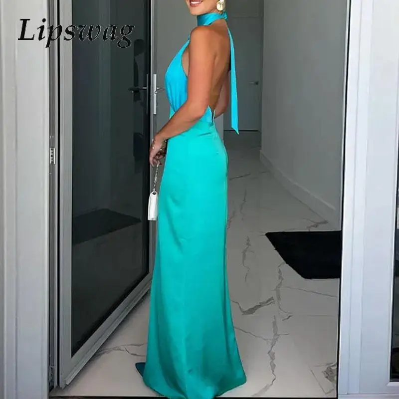 Women Off Shoulder Contract Color Splicing Dress Summer Backless Deep V-neck Long Dress Sexy Club Vocation Halter Party Dress