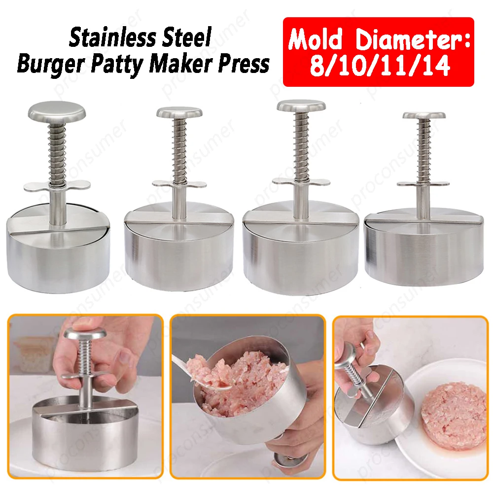 Hamburger Patty Maker Press 8/10/11/14cm Diameter Stainless Steel Non-Stick Round Manual Rice Ball Mold Kitchen Beef BBQ Tools