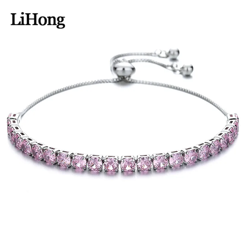 925 Sterling Silver Bracelet Pink Zircon Crystal Adjustable Bracelet For Women'S Jewelry