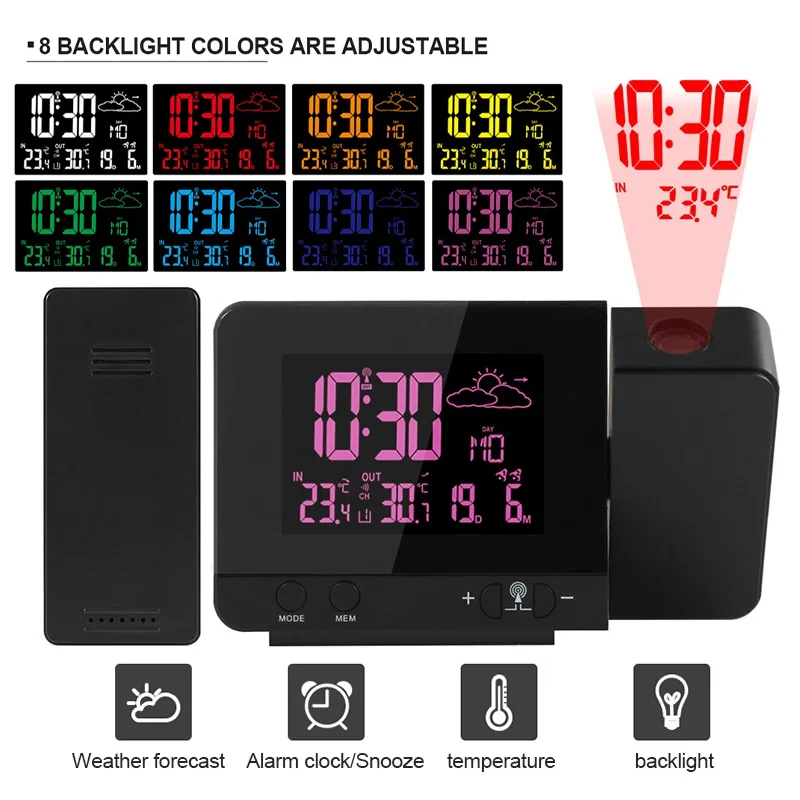 Indoor Weather Stations 8 Colors Screen Projector Digital Alarm Clock with Temperature Time Projection Thermometer Weather Clock