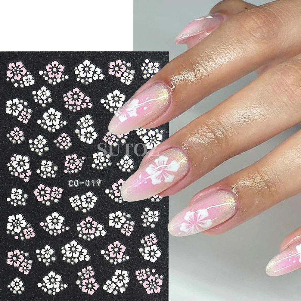 Fiori bianchi adesivi per unghie petalo rosa stelle cuore Bowknot cursori per unghie francese Y2K Design decorazioni per Manicure 3D GLCO-019