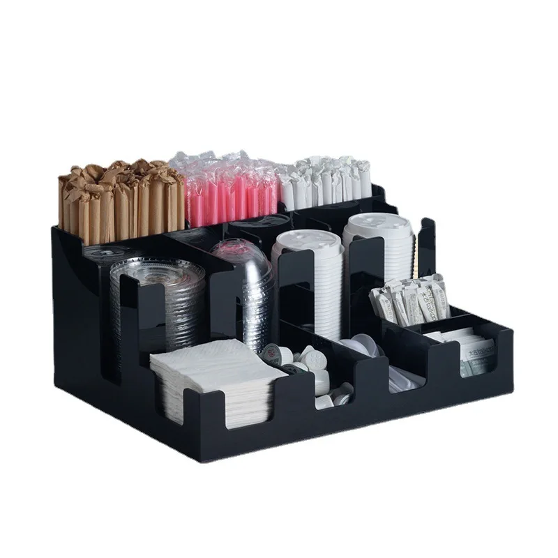 Stainless steel large comprehensive storage rack set, bar table, paper cup holder, straw cup lid, paper towel placement box,