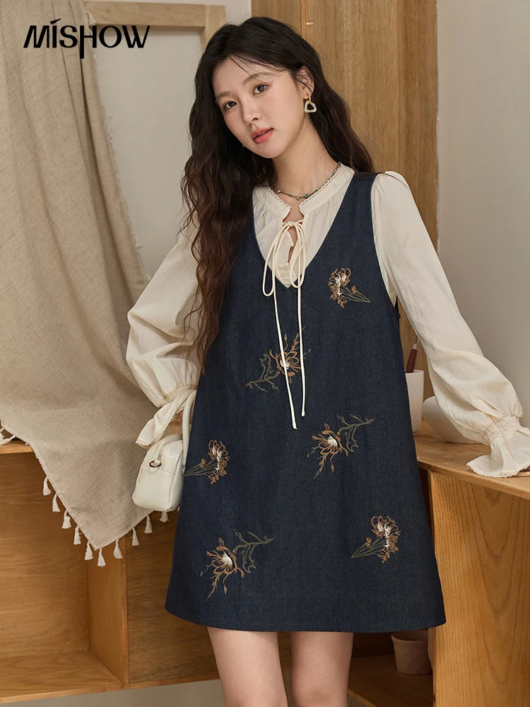 

MISHOW Denim Blue Flower Embroidered Vest Dress Autumn 2025 A-line Sleeveless Dress Cotton Blended V-neck Dresses MXE44L2494
