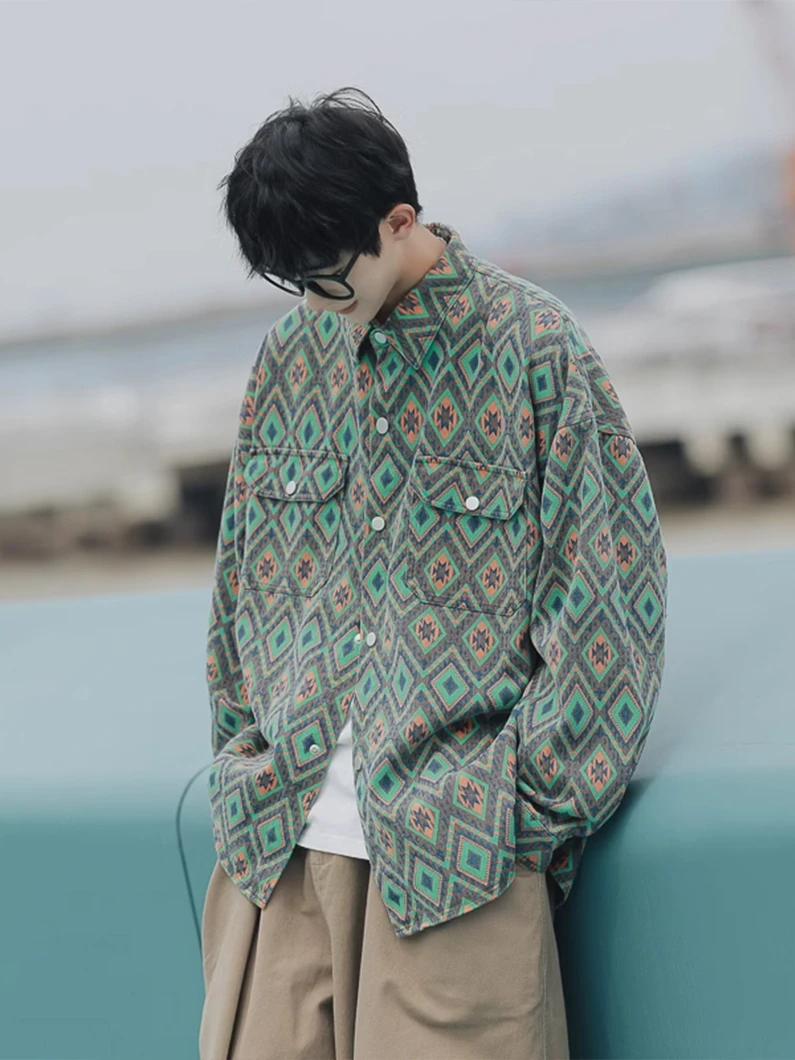 

Мужская рабочая рубашка в американском ретро-барочном стиле с клетчатым узором и цветочным принтом, модная брендовая уличная одежда свободного кроя с длинными рукавами