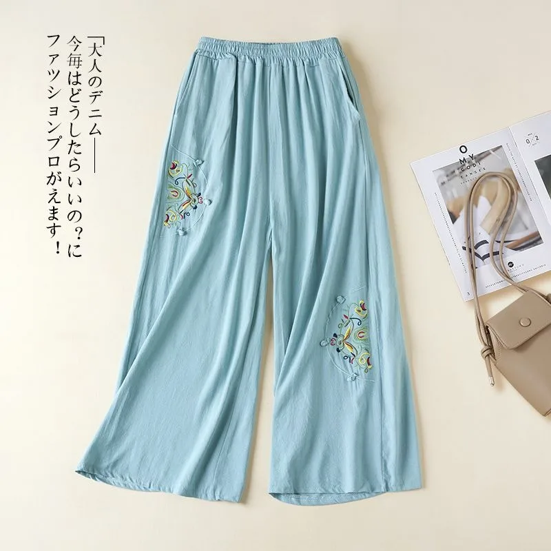 

Женские хлопковые льняные брюки с широкими штанинами, эластичным поясом, цветочной вышивкой, повседневные свободные брюки