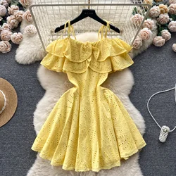 French Vintage  off shoulder cut out Embroidery ruffle slip Dress Chic Casual Beach Vacation Women Summer sweet dresses