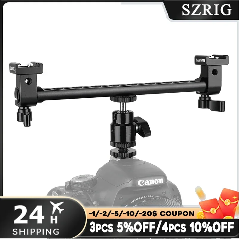 SZRIG T-bar Bracket Arm With Double Cold Shoe Mounts Support & Adjustable 1/4