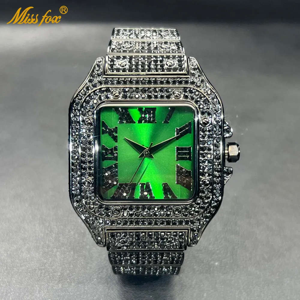 

MISSFOX Brand Watch for Men Big Green Dial Quartz Clock Luxury Rhinestone Hip Hop Jewelry Wristwatches Relogio Masculio Hot Sale