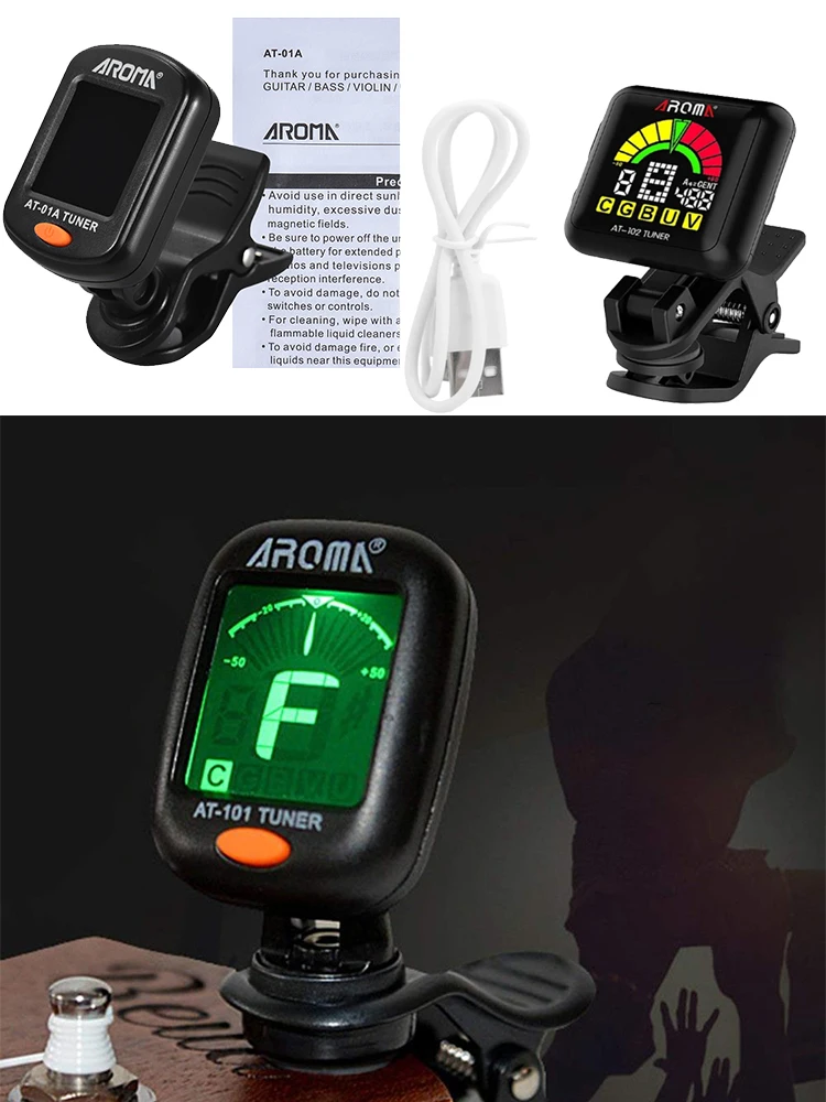 AROMA Gitarrenstimmer AT-Serie, wiederaufladbarer, drehbarer Clip-on-Gitarrenstimmer mit integriertem Akku und USB-Kabel für Gitarre, Bass, Ukulele – Detail 1