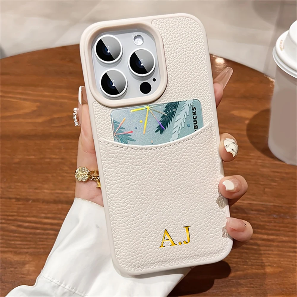 Personalized Card Slot Case For iPhone 12 13 14 15 16 Pro Max Customized Name Luxury Leather Initial Letters Cover 15 16 Pro Max