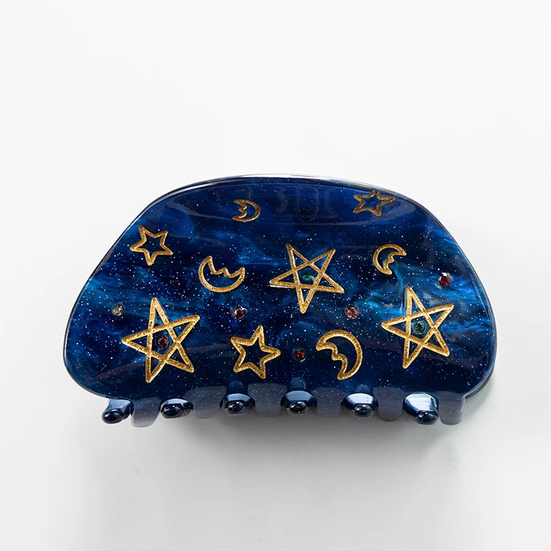 Moon five-pointed star hair clip with gold thread and colorful decorations; new diamond product; acrylic green powder hair clip view 4