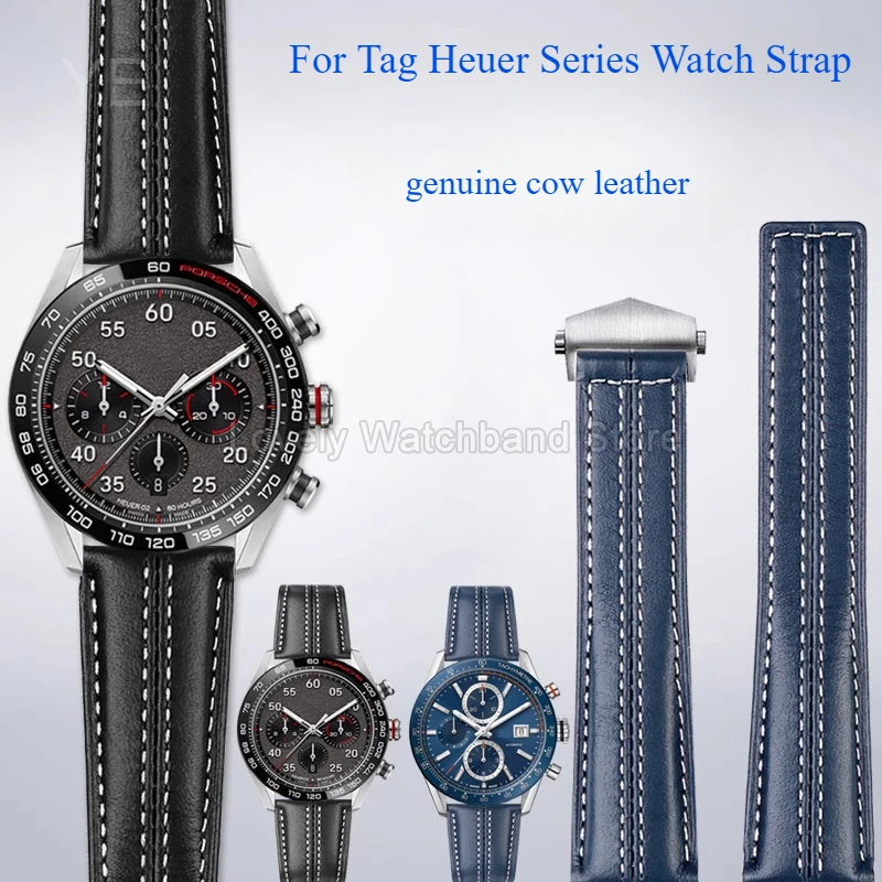 High-end Chic Genuine Cow Leather Watchbands for Tag Heuer Seris Soft Waterproof Folding Buckle Watch Strap 22mm Blue Black