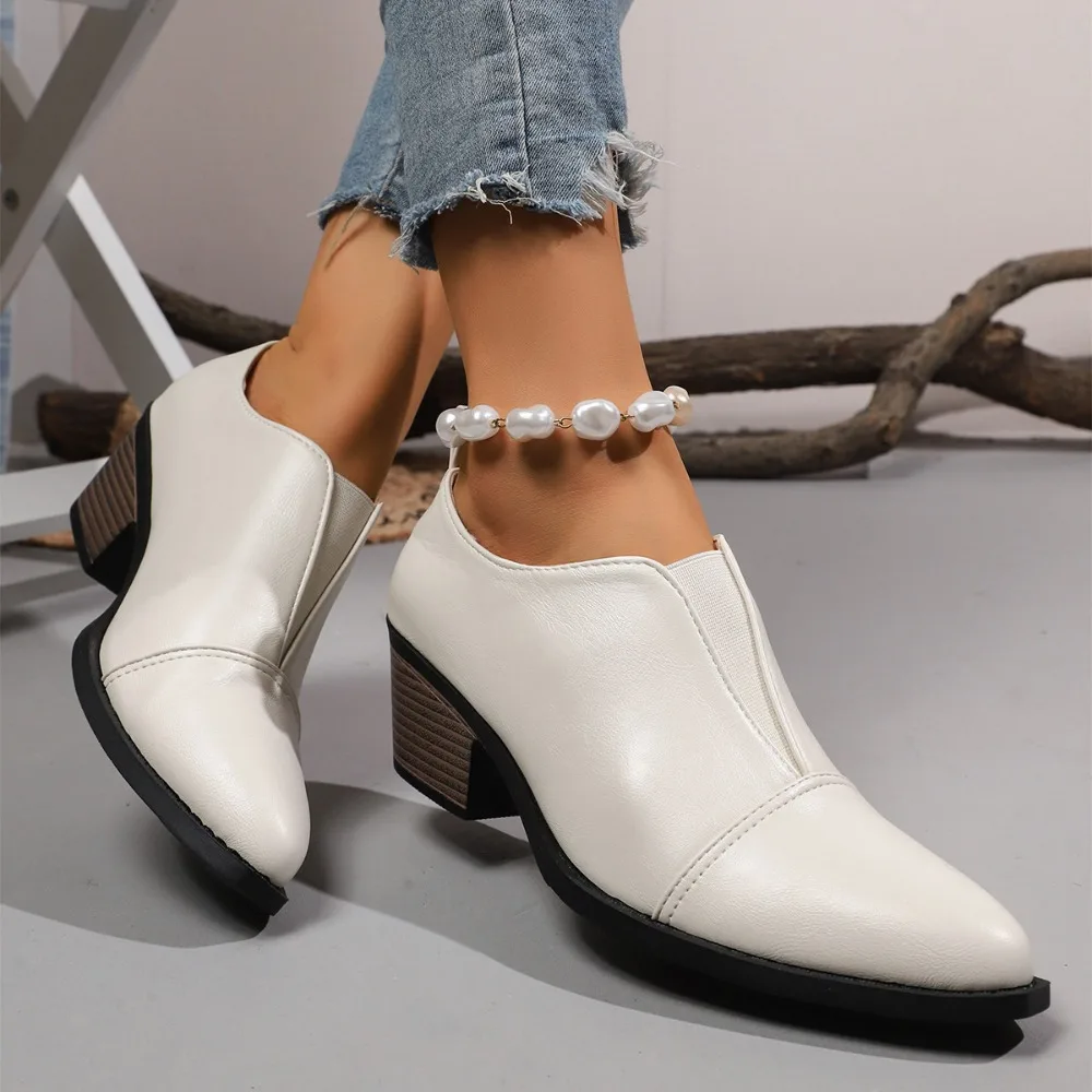 Herbst Damenschuhe Chunky Heels Elastische Bänder Slip-on Chelsea Boots Mittelhoher Absatz Kunstleder Stiefeletten Damen Casual Heels