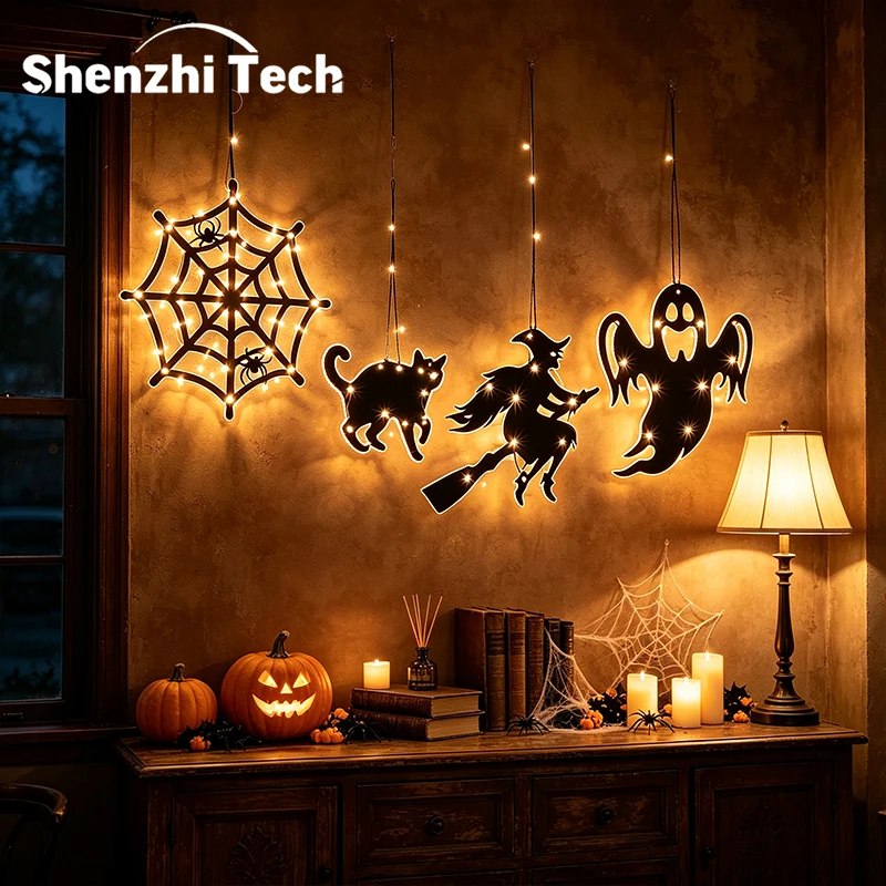 Halloween Hanging Silhouette Window Lights LED Warm Light Halloween Decor Ornaments with Ghost Black Cat Witch Spider Web Patter