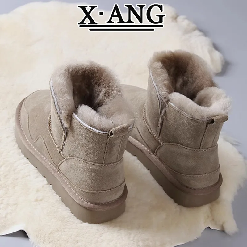 Cow suede women boots Shering snow boots Grey chestnut color Slip on plush boots