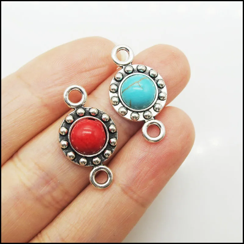 12 New Dots Charms Antique Silver Tone Round Blue&Red Stone Pendants Connectors 14x25mm