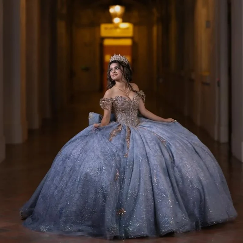 Shiny slate blue Quinceanera Dress off-shoulder crystal glitter decal Bow Long tail vestidos de 15 Quinceanera ﻿Customize