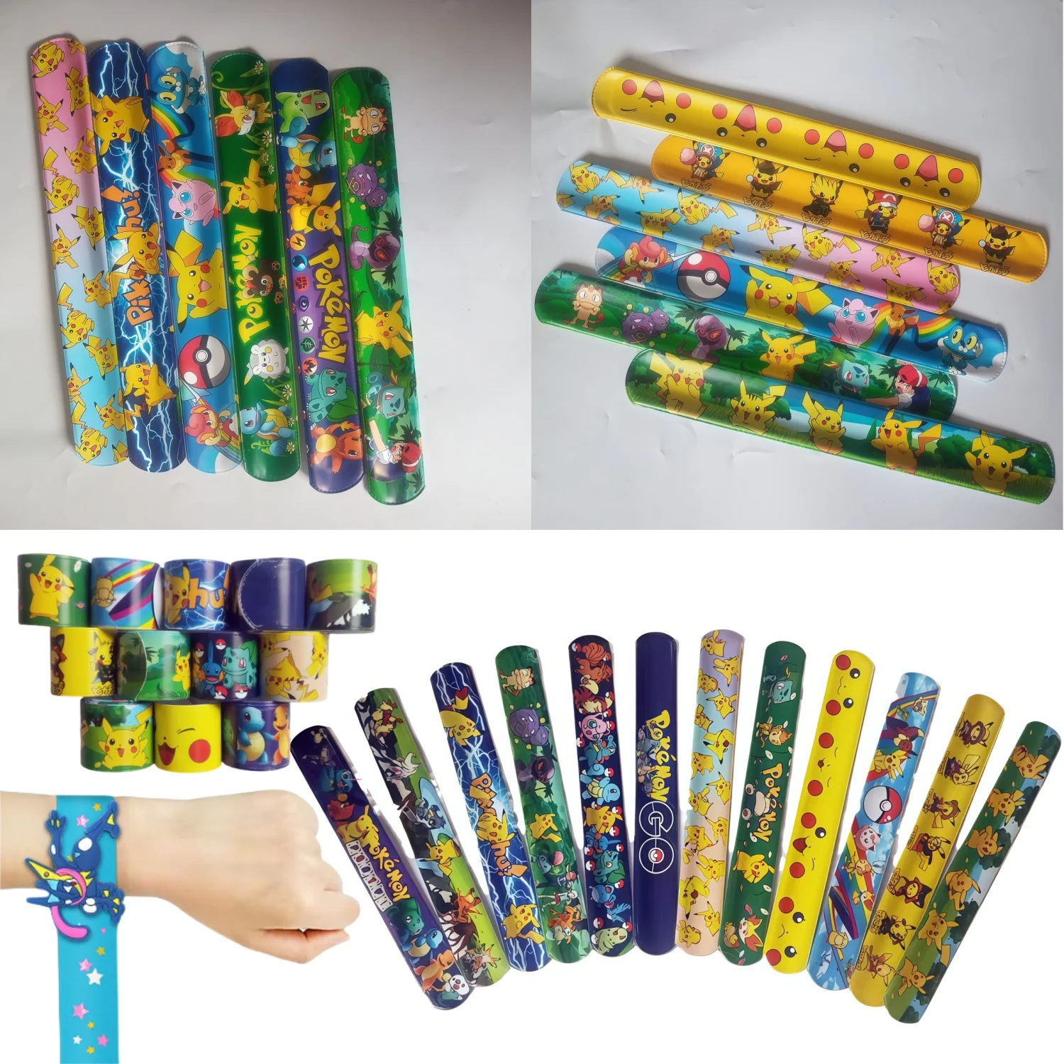 

Pokemon Bracelets Child Slap Band Pikachu Figures Anime Wristband Slap Snap Wrap Bracelet kids Party favors toys Cosplay Gifts