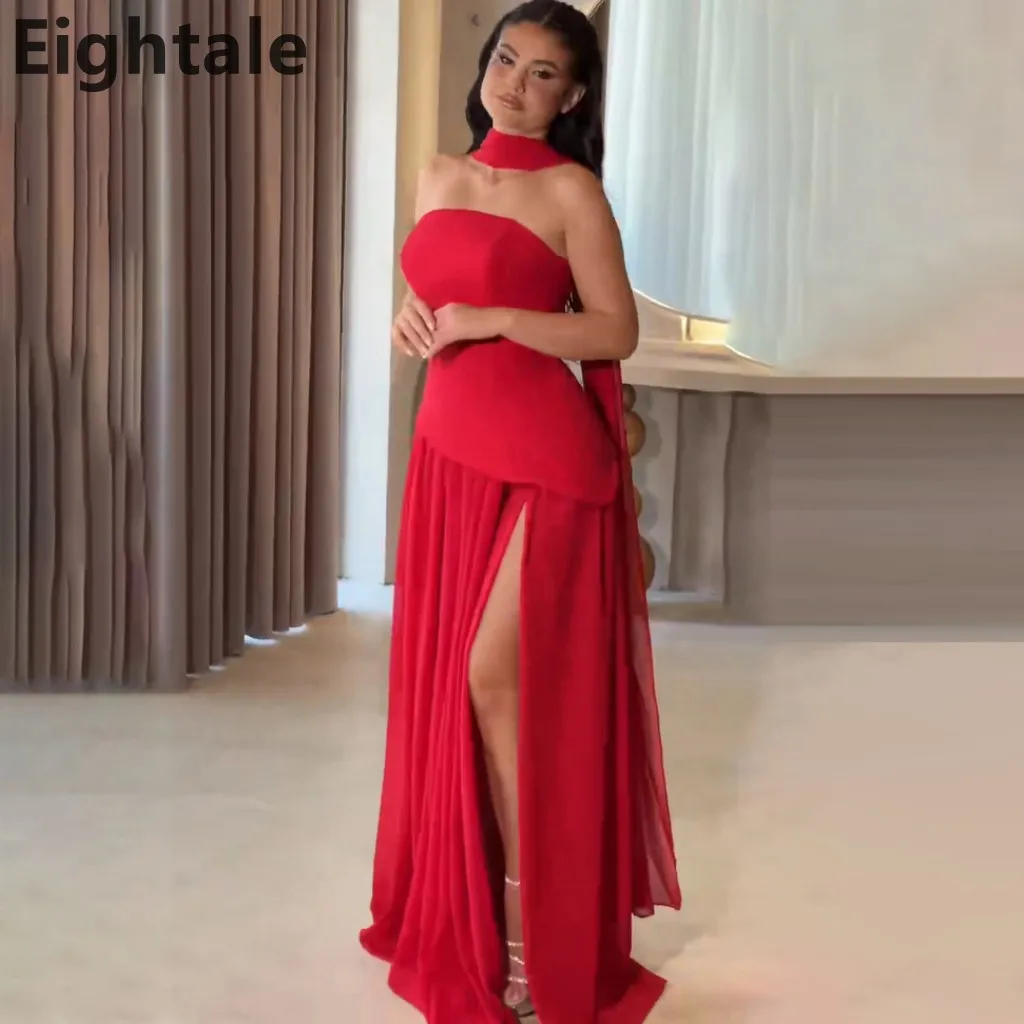 

Eightale 2025 Red A Line Chiffon Evening Dress Strapless Side Slit Saudi Arabic Prom Party Dress Women Formal Gowns Customized