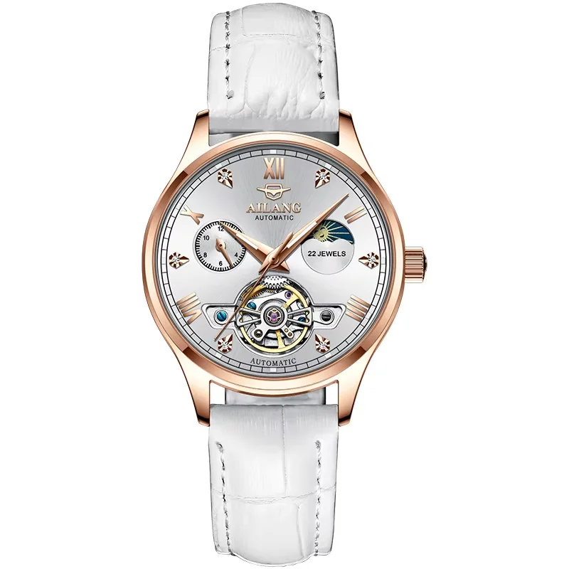 AILANG Fashion Iced Out Skeleton Automatic Mechanical Watch for Women Luminous Hands Elegant Ladies Watches White Leather Strap