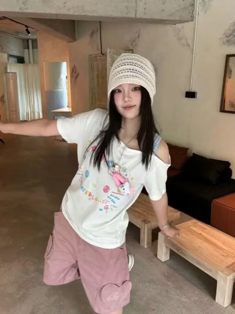 

Sweet Cute Hello Kitty Print Skew Collar Short Sleeve Shirts for Women Summer Loose Off Shoulder Y2k Top Kawaii Women Clothing