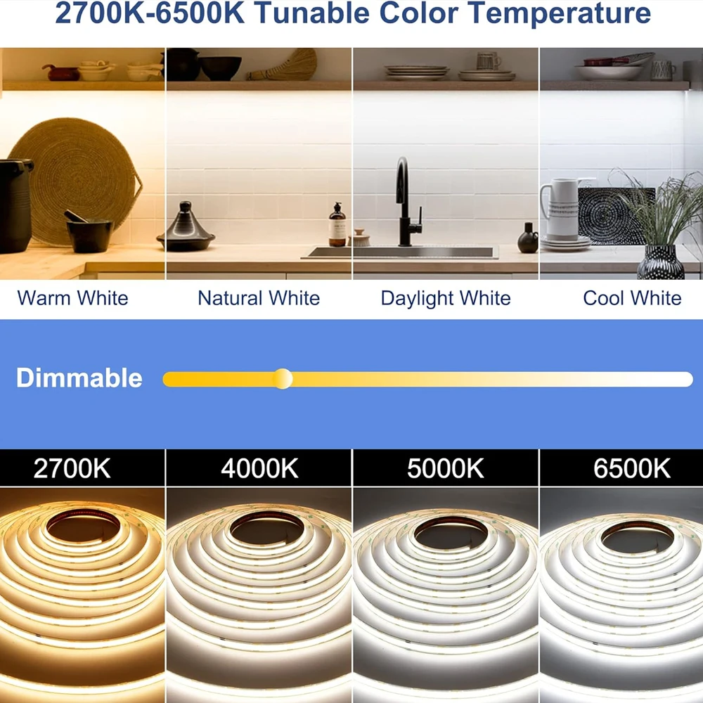 10M 20M Tuya WiFi COB CCT Led Strip 24V 2700-6500K Ceilling Room Light 2.4G RF Touch Remote Control F Alexa Google Assistant APP