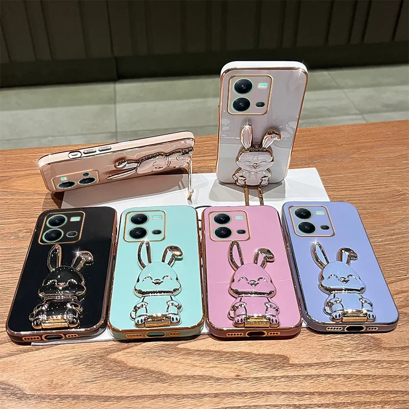 Rabbit Astronaut Phone Case For Vivo V21 5G V20 V21E V23 V23E V25 For Vivo Y76 Y77 Y52 Y55 Y73 Y72 Y76S Telescopic Bracket Cover